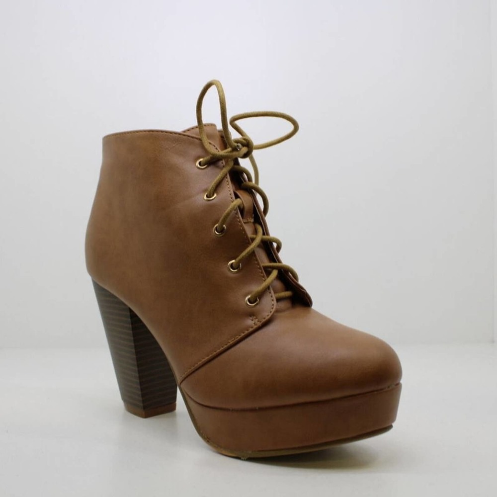 Cambridge Select Brown Lace-up Platform Chunky Stacked Heel 7